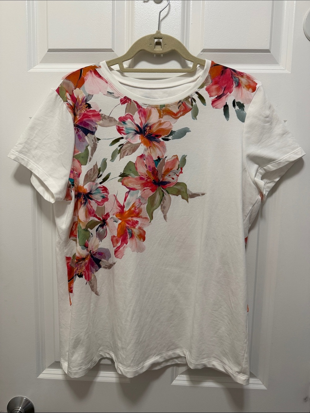 Chico's White Short Sleeve Tee with Pink, Orange & Green Floral Print